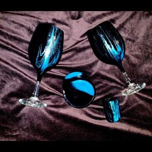 Wine glass set of 2, coaster set of 4 with holder and shot glass